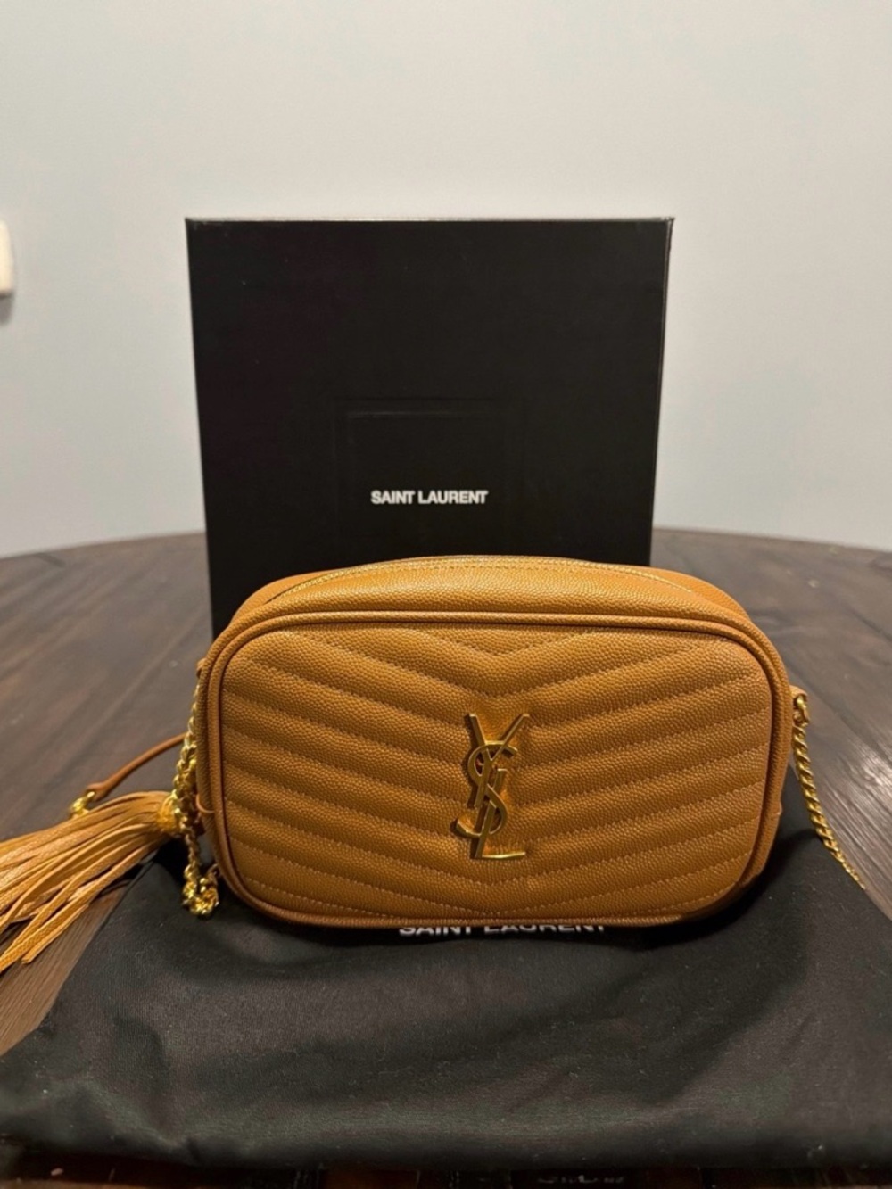 Yves Saint Laurent Caramel Mini Lou Leather Camera Crossbody with Gold Hardware